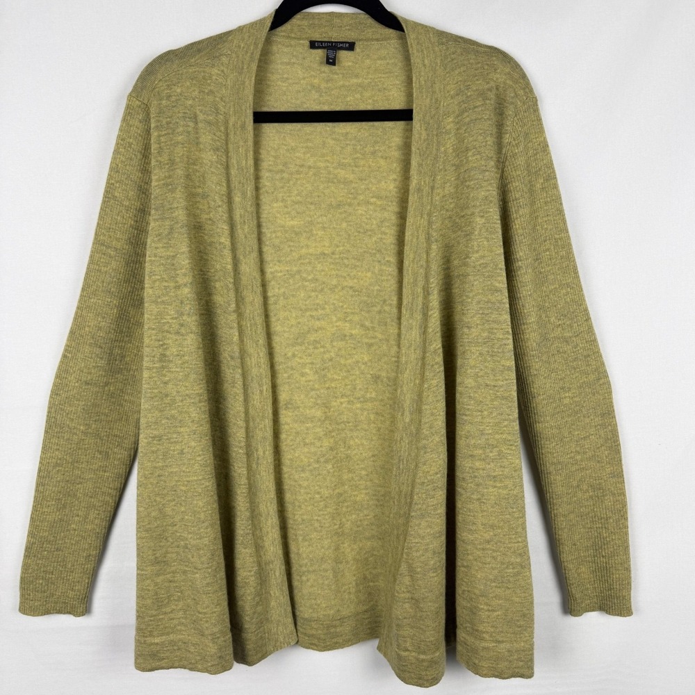 Eileen Fisher Merino Wool Open Front Cardigan M Green Quiet Luxury Lagenlook